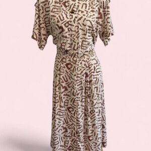 Vintage Liz Claiborne Cream & Brown Abstract Print Dress | Size Petite 10